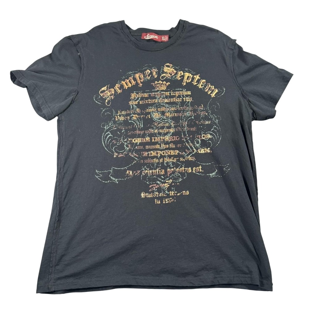 Seven Shirt Mens XL Black Semper Septem Graphic Tee 100% Cotton Short Sleeve